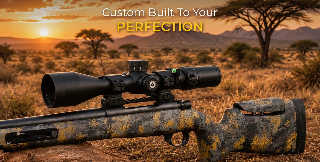 Armtec custom synthetic rifle stock at sunset in the bushveld - Custom built to your perfection